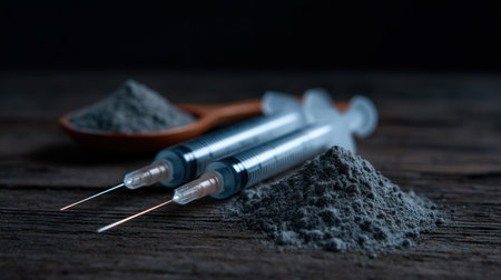 This striking image features two medical syringes positioned on a textured wooden surface, with grey powder nearby, creating a moody atmosphere.の素材