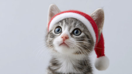 This charming kitten, adorned with a festive Christmas hat, gazes enchantingly with bright blue eyes. Perfect for holiday-themed projects, this image captures the warmth and joy of the season in a delightful and playful manner.の素材
