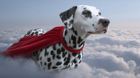 A heroic Dalmatian dog wearing a vibrant red cape soars above fluffy clouds against a clear blue sky, symbolizing adventure and imagination.の素材