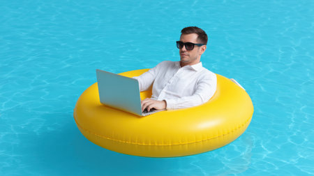 A young man enjoys a perfect summer day working on his laptop while floating in a sunny blue pool. He embodies the modern remote work lifestyle, combining relaxation and productivity in a fun outdoor setting.の素材