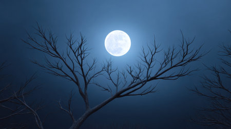 A hauntingly beautiful full moon casts a soft glow over silhouetted tree branches against a dark and moody sky, creating an enchanting atmosphere perfect for evoking tranquility and mystery.の素材