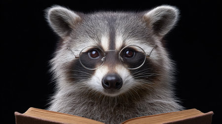 A whimsical raccoon wearing glasses curiously reads from an open book, creating an amusing and endearing portrait against a dark background.の素材