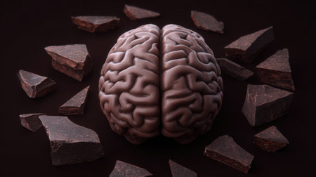 This striking image features a realistic brain sculpture surrounded by pieces of dark chocolate, set against a sleek black background, ideal for creative projects.の素材