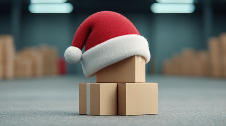 A charming scene of a cardboard package adorned with a red and white Santa hat, set in a spacious warehouse filled with stacked boxes, evoking a festive atmosphere.の素材
