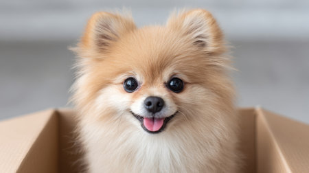 This charming image features a fluffy Pomeranian puppy with an endearing smile, sitting inside a cardboard box. Ideal for pet-themed projects.の素材