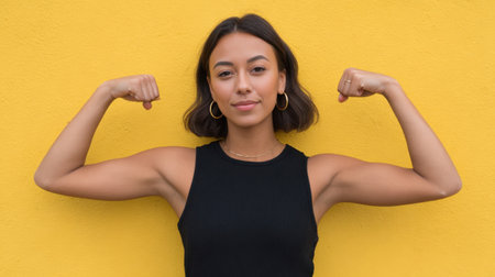 A confident young woman flexes her arms, showcasing her strength and empowerment. Set against a bright yellow background, she radiates positivity and self-assurance.の素材