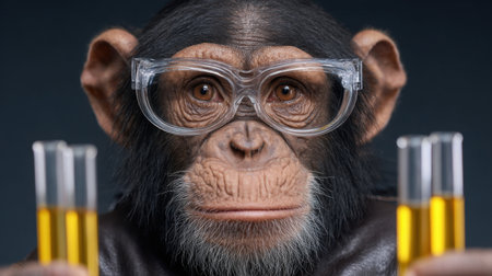A thoughtful monkey wearing safety glasses holds test tubes filled with yellow liquid in a captivating laboratory setting. This image reflects curiosity and intelligence.の素材