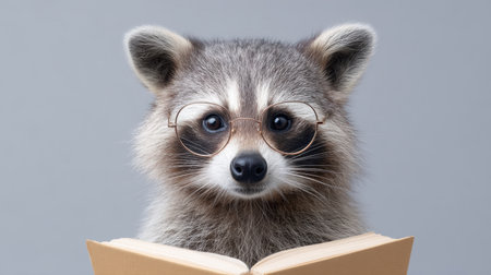 A charming raccoon wearing glasses is intently holding an open book, set against a neutral backdrop. This whimsical image showcases intelligence and curiosity, perfect for educational and wildlife themes.の素材