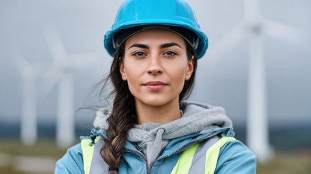 A confident female engineer stands in front of wind turbines, showcasing her commitment to renewable energy and sustainability in an industrial setting.の素材