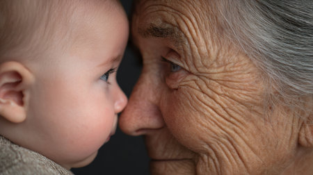 A touching image showcasing the close bond between a baby and an elderly woman, capturing the essence of love, connection, and emotional intimacy across generations.の素材