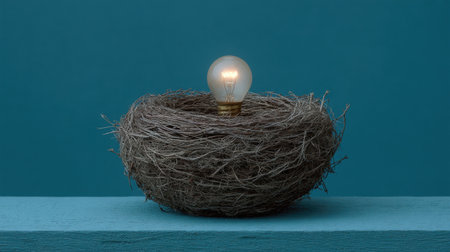 A beautifully crafted nest holds an illuminated light bulb, representing the fusion of nature and creativity. Ideal for concepts of inspiration and warmth.の素材