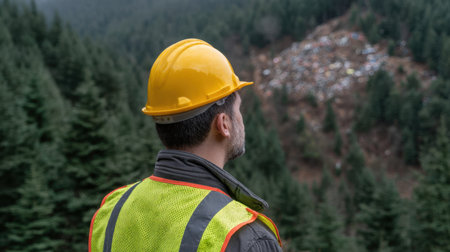 A man wearing a yellow helmet and a reflective vest stands in a forest, observing the consequences of pollution in a nearby area. This image captures the importance of environmental stewardship and industry responsibility in natural settings.の素材