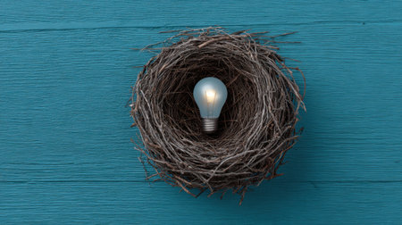 This image features a light bulb nestled in a natural bird nest set against a blue wooden background, symbolizing creativity and new ideas in a serene environment.の素材