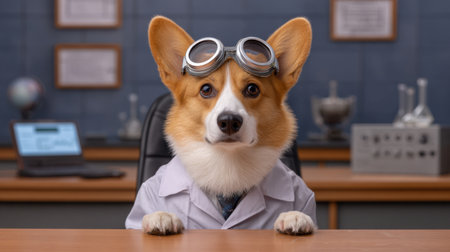 A charming corgi dressed in a lab coat and goggles, seated at a desk in a science lab, ready for a playful academic adventure, showcasing a whimsical take on research life.の素材