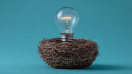 This image features a light bulb nestled within a natural fiber nest, creating a visual representation of creativity and innovation against a vibrant blue background.の素材