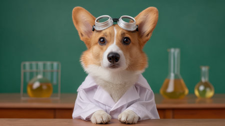 A charming corgi dressed in a lab coat and goggles poses in a science laboratory, embodying the spirit of curiosity and experimentation in a fun way.の素材