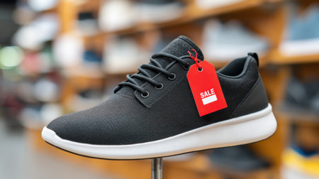 This image features a black athletic shoe prominently displayed with a bright red sale tag, ideal for use in promotional materials or retail advertisements.の素材