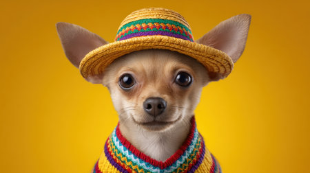 This charming chihuahua sports a vibrant sweater and hat, showcasing a playful character against a vivid yellow backdrop. Perfect for animal lovers!の素材