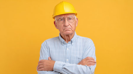 This image features a concerned elderly worker in a yellow hard hat with a serious expression, highlighting a dedicated attitude toward safety and experience.の素材