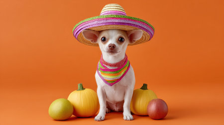 A delightful chihuahua wearing a vibrant sombrero and matching bandana sits among fresh produce, showcasing a playful and charming personality against a bright orange backdrop.の素材