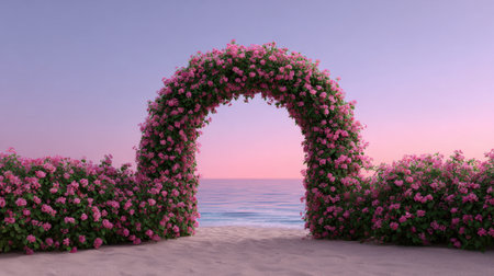 A picturesque scene of a floral archway adorned with vibrant pink flowers by the beach, creating a tranquil atmosphere at sunset, with ocean views.の素材