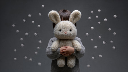 A heartwarming scene featuring a child holding a soft bunny toy, surrounded by delicate floating particles that create a tranquil and cozy atmosphere.の素材