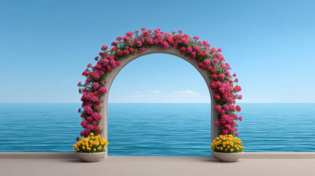 A stunning floral archway adorned with bright flowers stands gracefully against a serene ocean backdrop, creating a peaceful, vibrant atmosphere perfect for events or relaxation.の素材