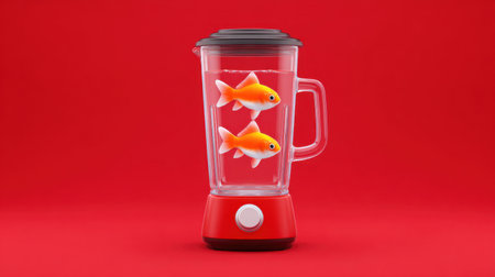 This surreal and whimsical image features playful goldfish swimming in a blender against a vibrant red background, creating a striking visual contrast.の素材