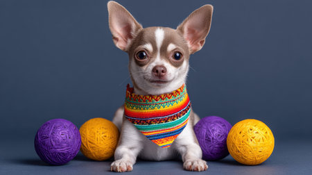 A charming Chihuahua poses adorably with a vibrant bandana and textured balls on a blue background, showcasing joy and playfulness in a cozy setting.の素材