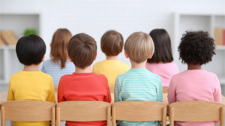 A diverse group of children sits together in a classroom, showcasing various hairstyles and colors. Their focus emphasizes the importance of learning and collaboration.の素材