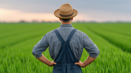 A farmer in a straw hat stands in a lush green rice field, looking out over the landscape at sunset. The scene captures rural tranquility and agricultural dedication.の素材