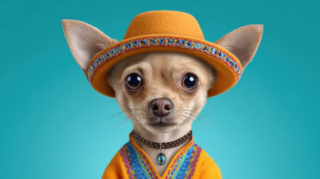 A delightful chihuahua dressed in a colorful Mexican outfit with a charming hat, showcasing its adorable personality against a bright blue background.の素材