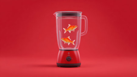 A striking and surreal depiction of goldfish swimming inside a blender, creating a whimsical metaphor under a vibrant red backdrop, perfect for creative projects.の素材