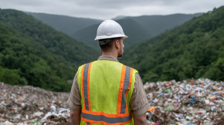 A waste management worker stands in reflective contemplation at a landfill site overlooking a picturesque mountain view, emphasizing the importance of environmental responsibility.の素材
