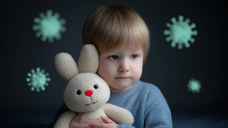 A young child cradles a soft toy rabbit, appearing contemplative against a dark backdrop with virus illustrations, symbolizing innocence amidst uncertainty.の素材