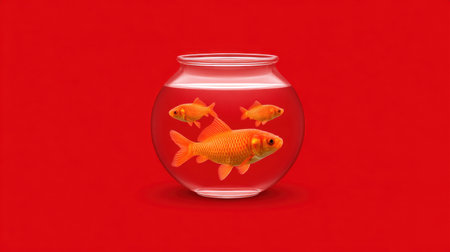This vibrant image features three goldfish swimming gracefully in a clear bowl, set against a striking red background, perfect for pet enthusiasts.の素材