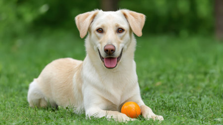 A joyful yellow Labrador retriever rests on lush green grass while playfully guarding an orange ball. This vibrant scene captures the essence of outdoor fun and companionship.の素材