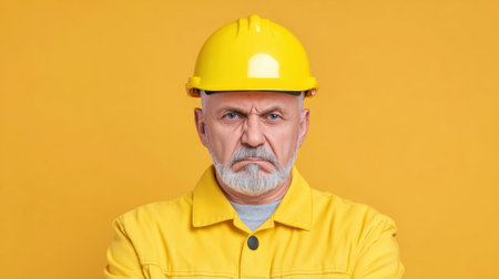 A serious construction worker in a yellow hard hat displays an angry expression. This portrait captures determination and emotion against a vibrant yellow backdrop.の素材