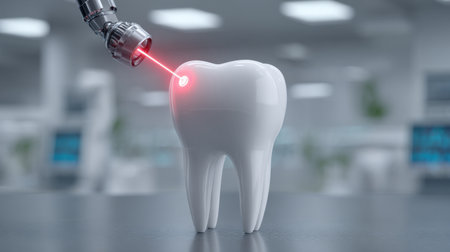 A robotic arm is precisely directing a laser toward a pristine tooth model, highlighting advancements in dental technology within a contemporary clinic setting.の素材