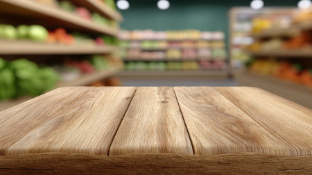 A detailed wooden table surface showcases simplicity against a blurred background of a grocery store aisle filled with vibrant fruits and vegetables.の素材