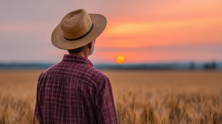 A solitary farmer stands in a wheat field wearing a straw hat, gazing at a breathtaking sunset. The warm colors of dusk create a serene atmosphere, symbolizing tranquility and connection with nature.の素材