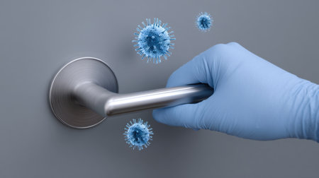 A hand in a blue glove holds a steel door handle, with floating virus particles depicted against a clean gray backdrop, illustrating hygiene and safety concerns.の素材