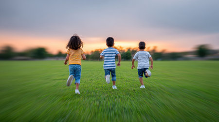 A vibrant scene of three children joyfully running through a lush green field at sunset, capturing the essence of freedom and playfulness in nature.の素材