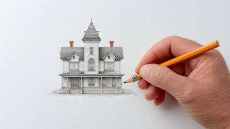 This image features a hand drawing of a Victorian-style house, showcasing intricate architectural details. The pencil art captures the essence of classic design.の素材
