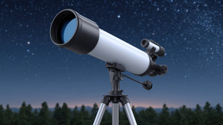 A modern telescope stands tall against a breathtaking starry sky, framed by a serene forest silhouette. Ideal for astronomy lovers and night explorers.の素材