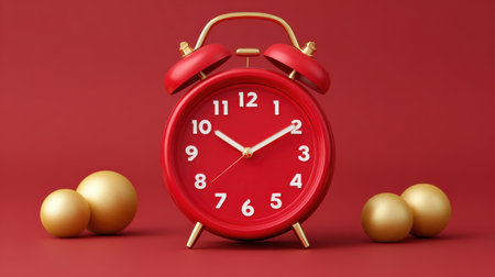 A vibrant red alarm clock sits against a rich red background, accompanied by golden decorative spheres. This image symbolizes time management and festive celebrations, ideal for various design projects.の素材
