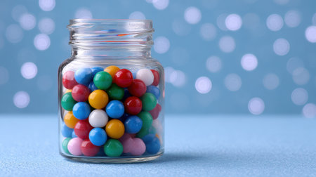 A glass jar filled with a mix of colorful gumballs sits against a soft blue bokeh backdrop, evoking feelings of joy and nostalgia perfect for festive themes.の素材