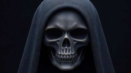 This haunting image features a realistic skull draped in a dark veil, set against a black background, creating an atmosphere of mystery and intrigue.の素材