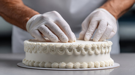 A skilled baker carefully decorates a creamy white cake with intricate frosting techniques using gloved hands, highlighting the artistry of cake making in a modern bakery.の素材