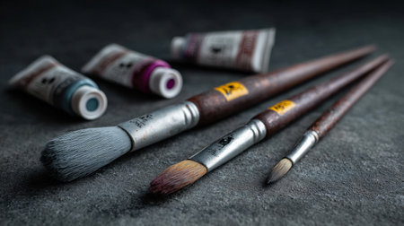 This image captures a detailed view of artist brushes and paint tubes arranged on a dark surface, showcasing vibrant colors and textures for artistic inspiration.の素材